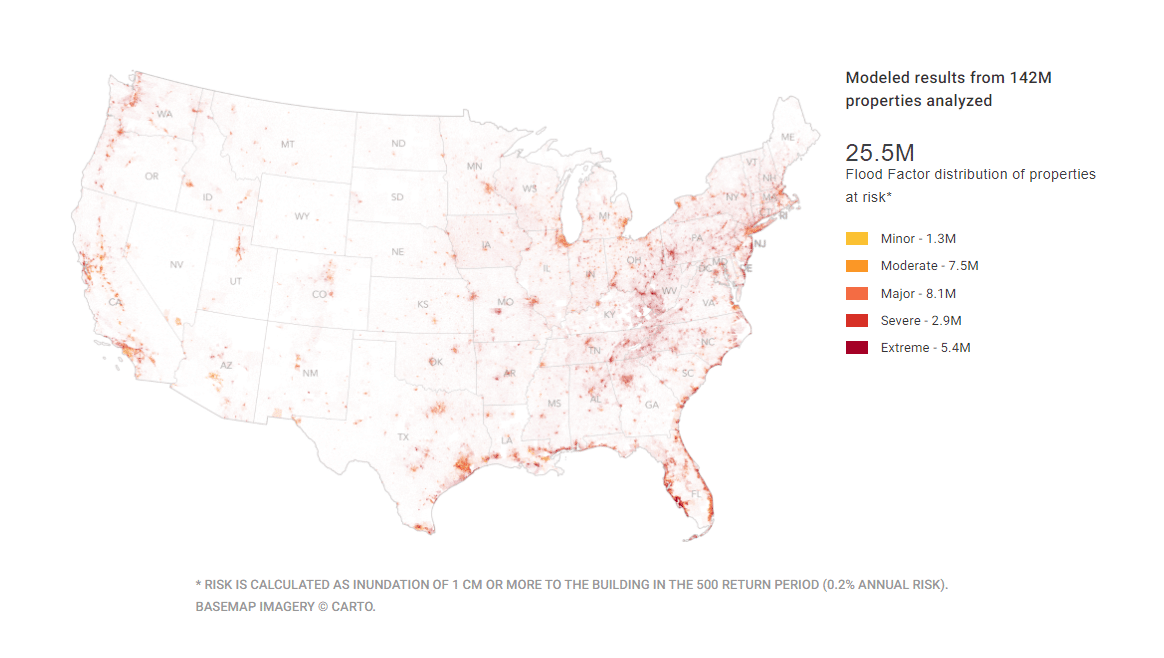 Map Source: https://floodfactor.com/methodology Created by the nonprofit First Street Foundation that makes it easy for Americans to find their property’s risk of flooding and understand how flood risks are changing because of a changing environment.